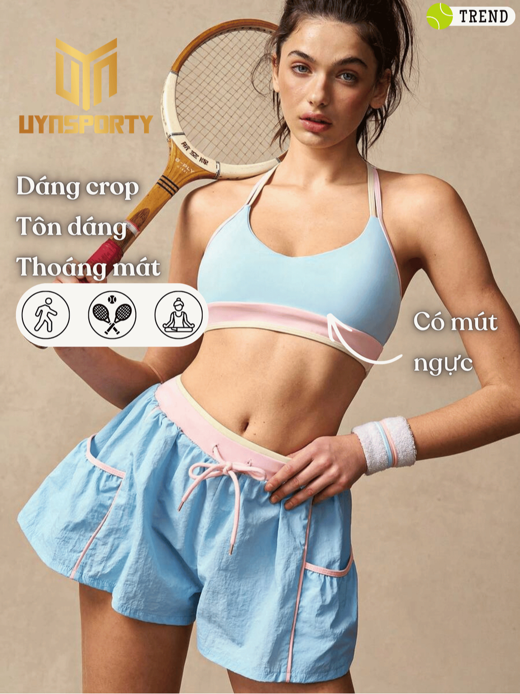 Đồ Tập Pickleball Nữ UYNSPORTY Áo Bra Dây Chéo Lưng Phối Màu, Quần Short Mini, Bộ Đồ Pickleball Nữ