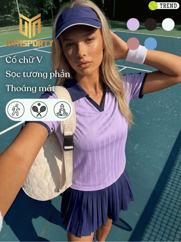 Áo Pickleball Nữ UYNSPORTY Cổ Polo Phối Màu Tương Phản, Phom Rộng, Áo Thể Thao Nữ, Bộ Đồ Pickleball