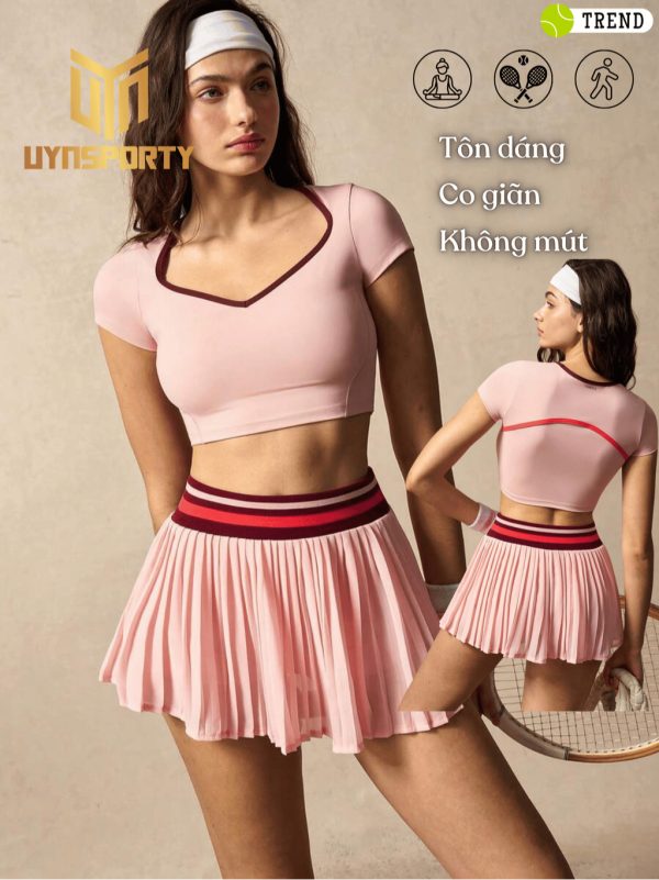 Đồ Tập Pickleball Nữ UYNSPORTY Áo Croptop Tay Ngắn, Phối Sọc, Hở Lưng, Co Giãn, Bộ Đồ Pickleball Nữ